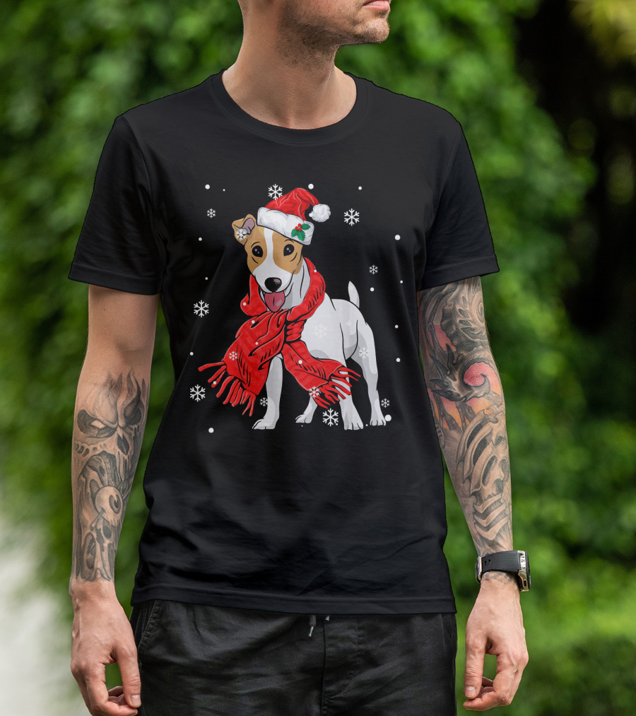 Jack Russell Terrier Festive Santa Hat Red Scarf Snowflakes T-Shirt