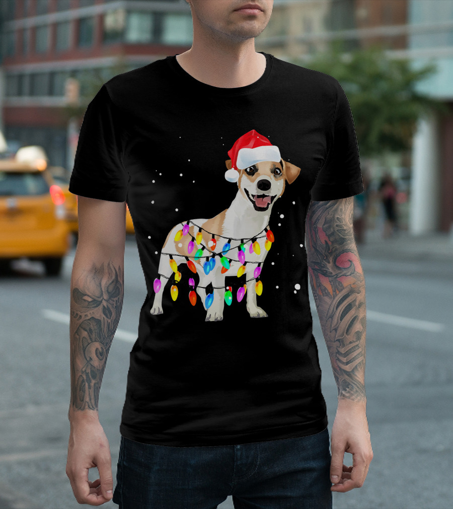 Jack Russell Terrier With Santa Hat And Christmas Lights T-Shirt