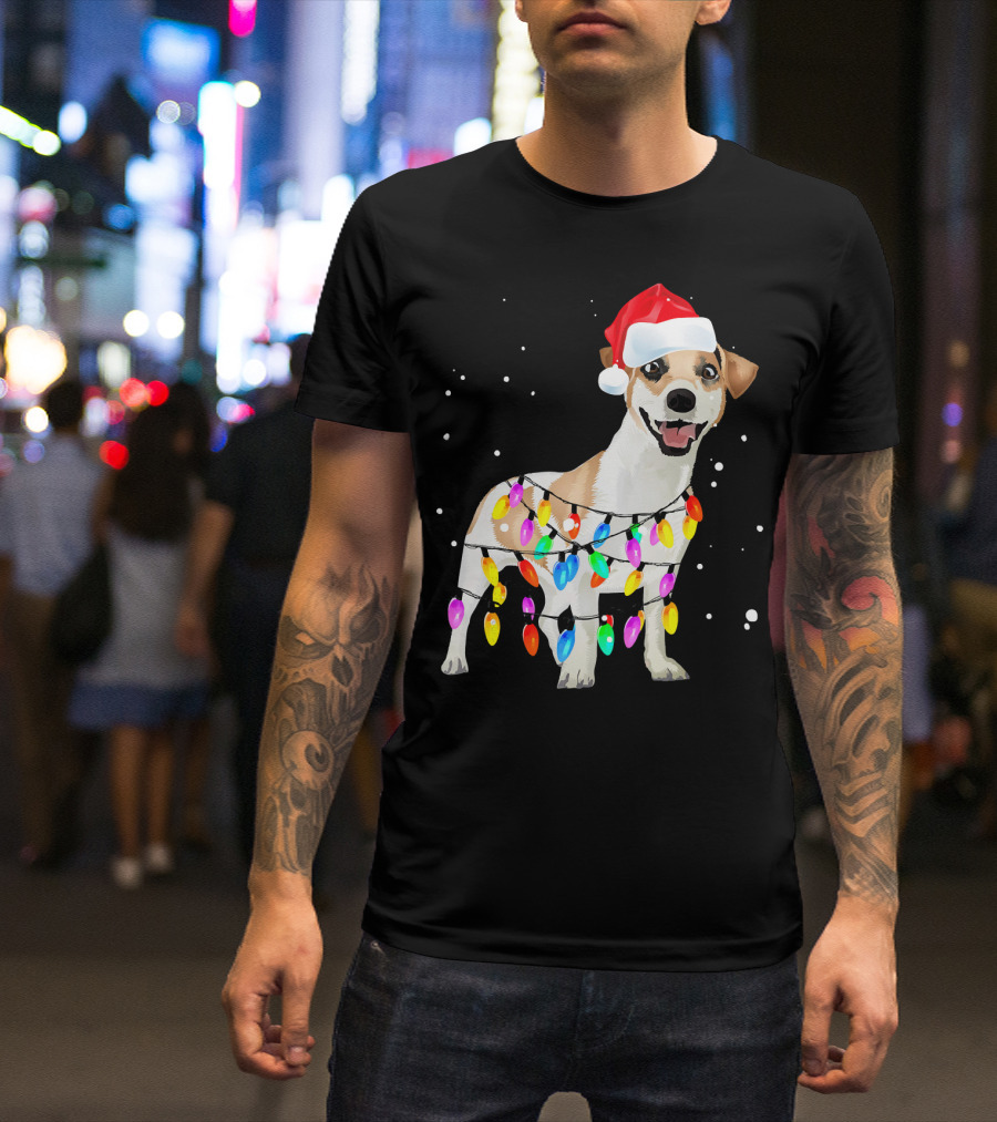 Jack Russell Terrier With Santa Hat And Christmas Lights T-Shirt