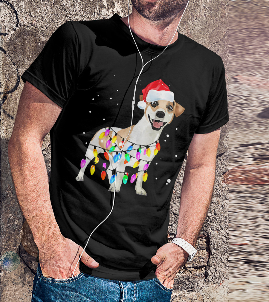 Jack Russell Terrier With Santa Hat And Christmas Lights T-Shirt