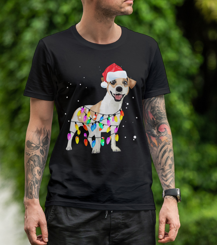 Jack Russell Terrier With Santa Hat And Christmas Lights T-Shirt