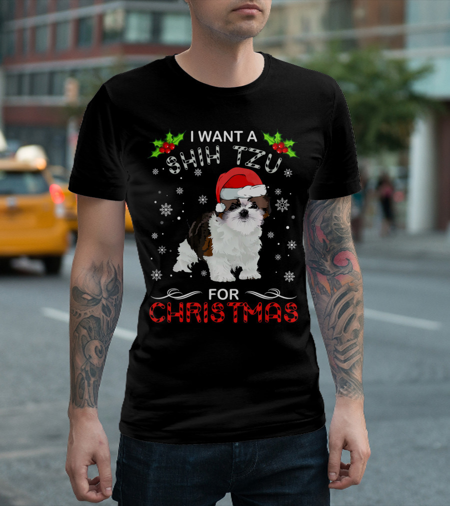 I Want A Shih Tzu For Christmas Snowflakes Holly Santa Hat T-Shirt