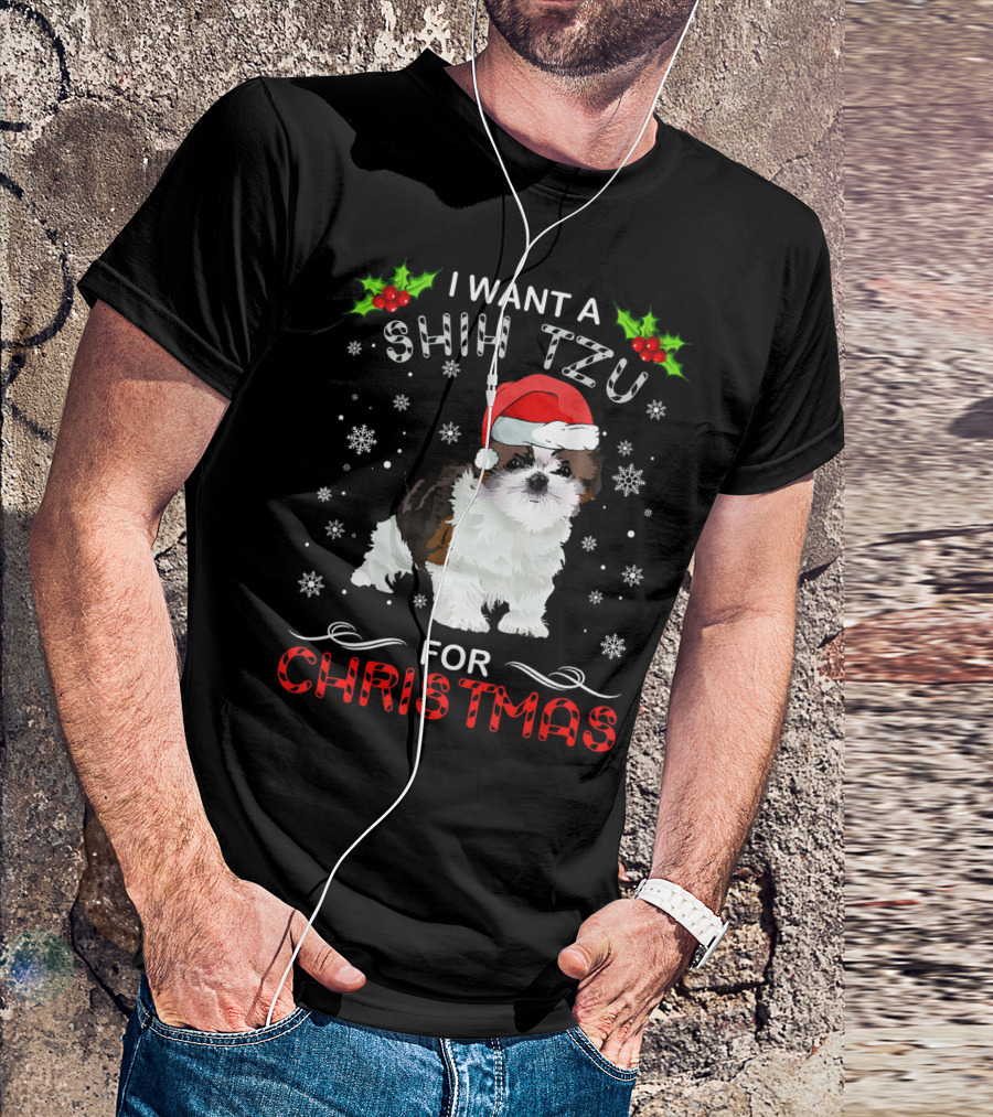 I Want A Shih Tzu For Christmas Snowflakes Holly Santa Hat T-Shirt
