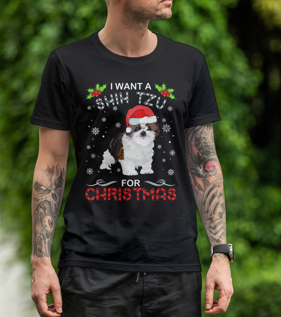 I Want A Shih Tzu For Christmas Snowflakes Holly Santa Hat T-Shirt