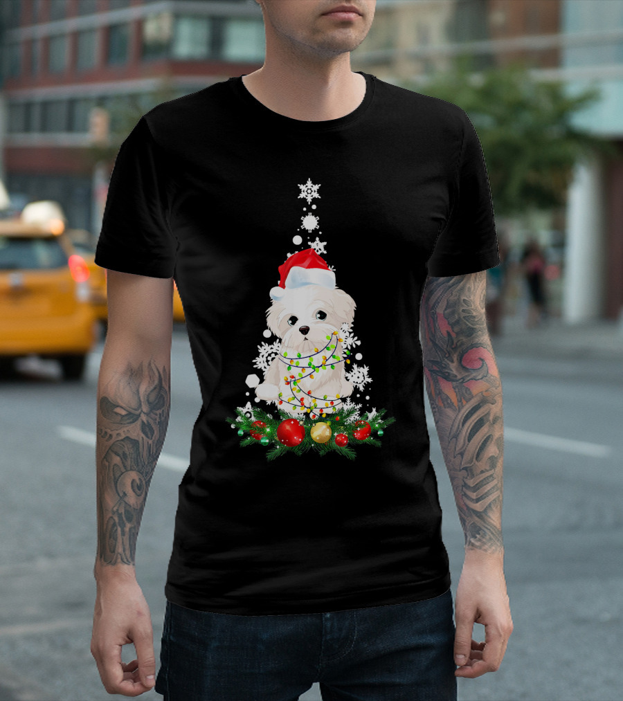 Maltese Christmas Dog Santa Hat Holiday Lights Snowflakes Pine Tree Decor T-Shirt