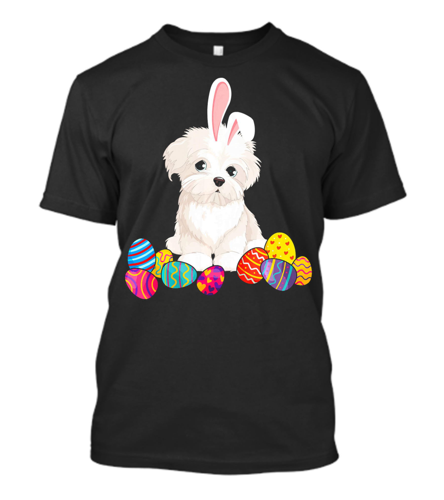 Maltese Puppy With Bunny Ears And Colorful Easter Eggs T-Shirt