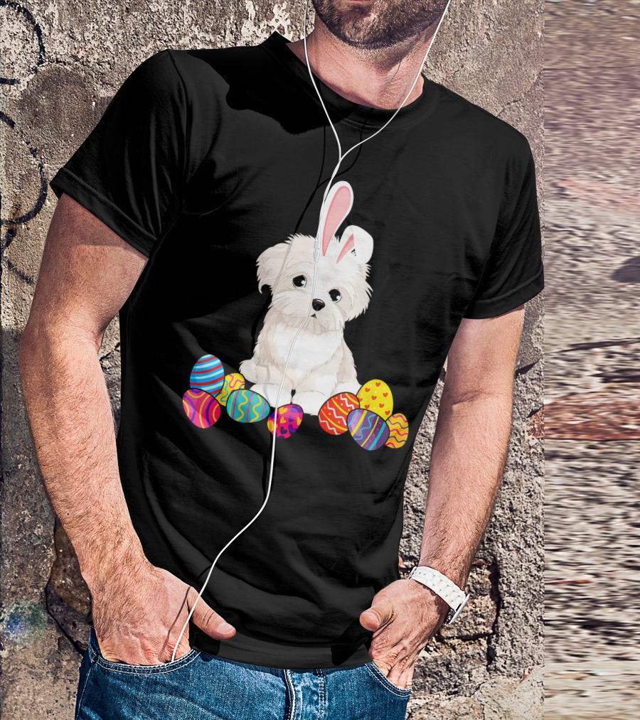Maltese Puppy With Bunny Ears And Colorful Easter Eggs T-Shirt
