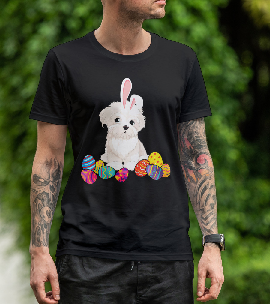 Maltese Puppy With Bunny Ears And Colorful Easter Eggs T-Shirt