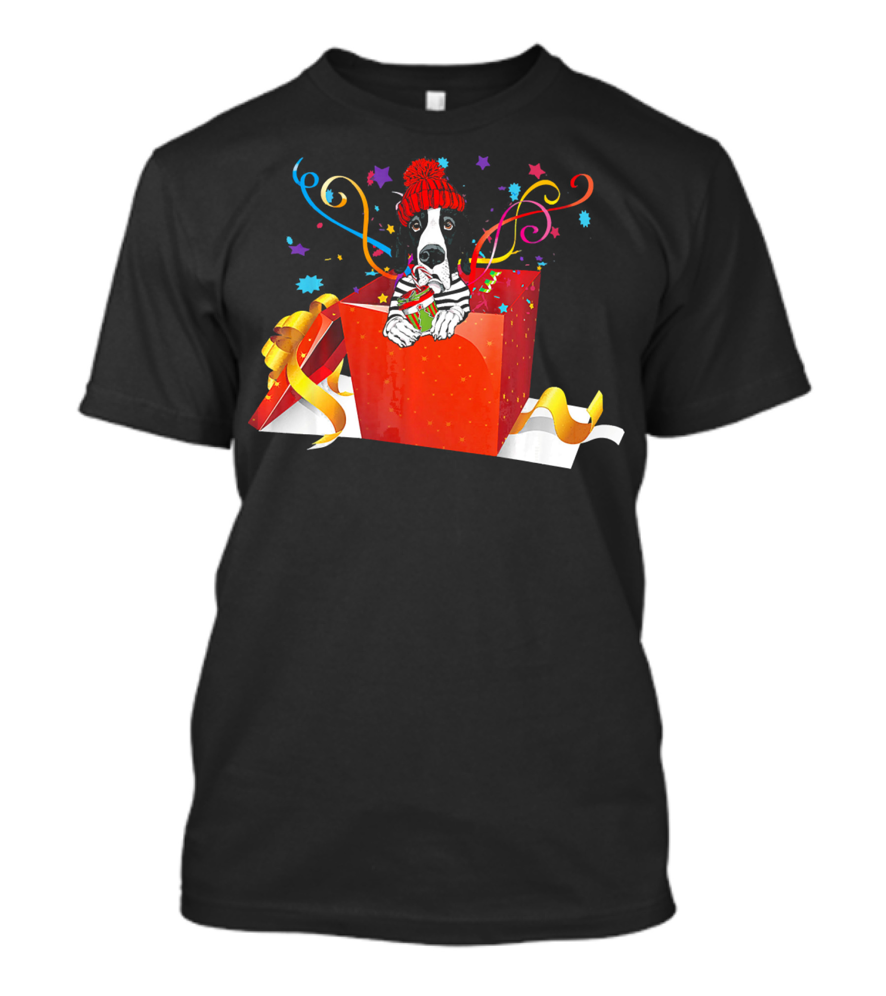 Great Dane Popping Out Of Festive Christmas Box With Colorful Ribbons And Stars T-Shirt