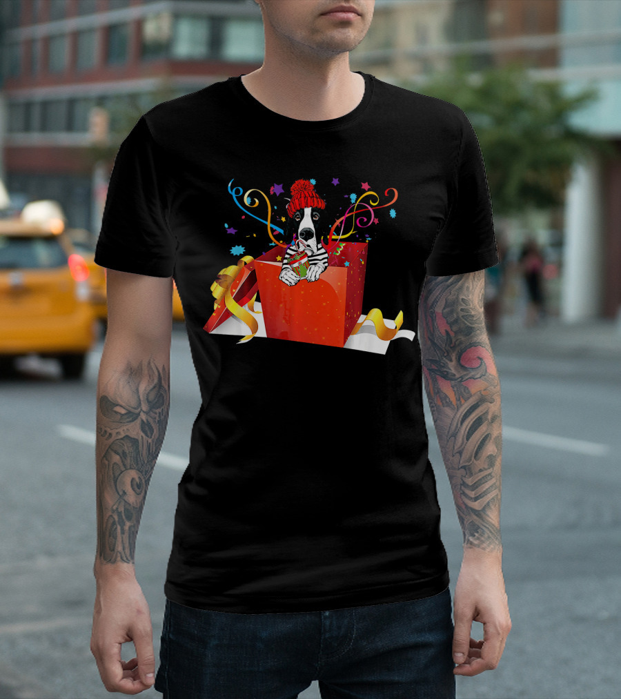 Great Dane Popping Out Of Festive Christmas Box With Colorful Ribbons And Stars T-Shirt