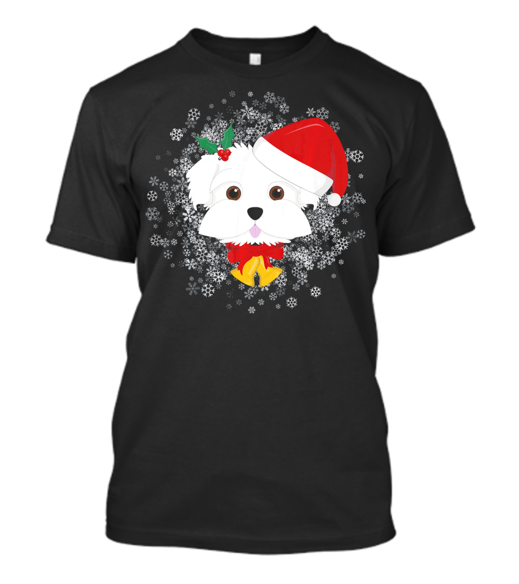 Maltese Christmas Dog With Santa Hat And Snowflakes T-Shirt