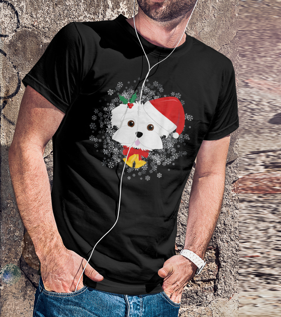 Maltese Christmas Dog With Santa Hat And Snowflakes T-Shirt