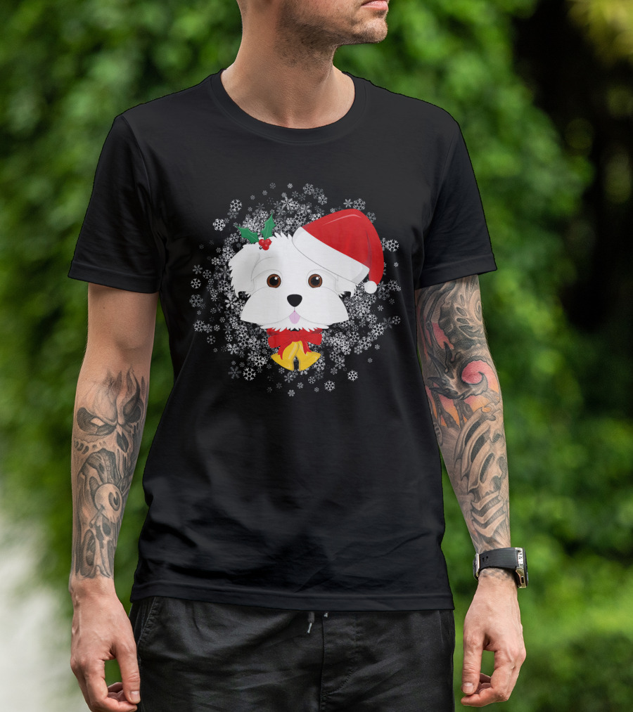 Maltese Christmas Dog With Santa Hat And Snowflakes T-Shirt