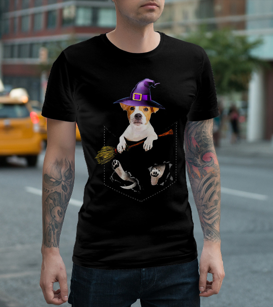Jack Russell Witch's Hat Broom Pocket Dog Halloween T-Shirt