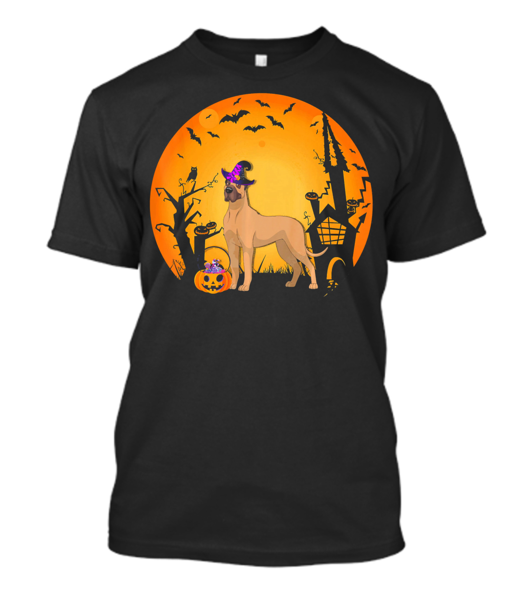 Halloween Great Dane Witch Hat Pumpkin Haunted House T-Shirt