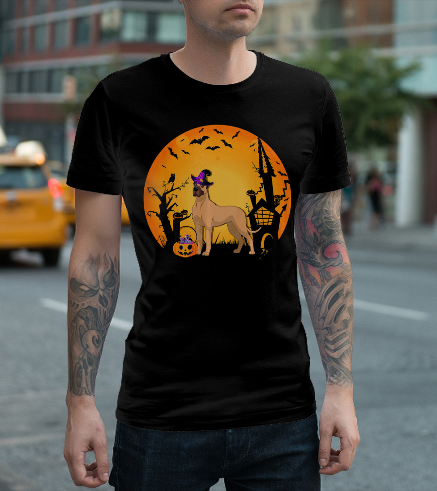 Halloween Great Dane Witch Hat Pumpkin Haunted House T-Shirt