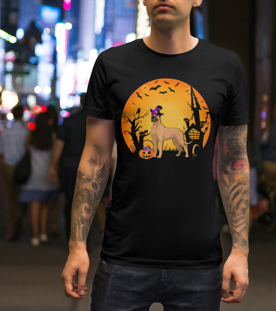 Halloween Great Dane Witch Hat Pumpkin Haunted House T-Shirt