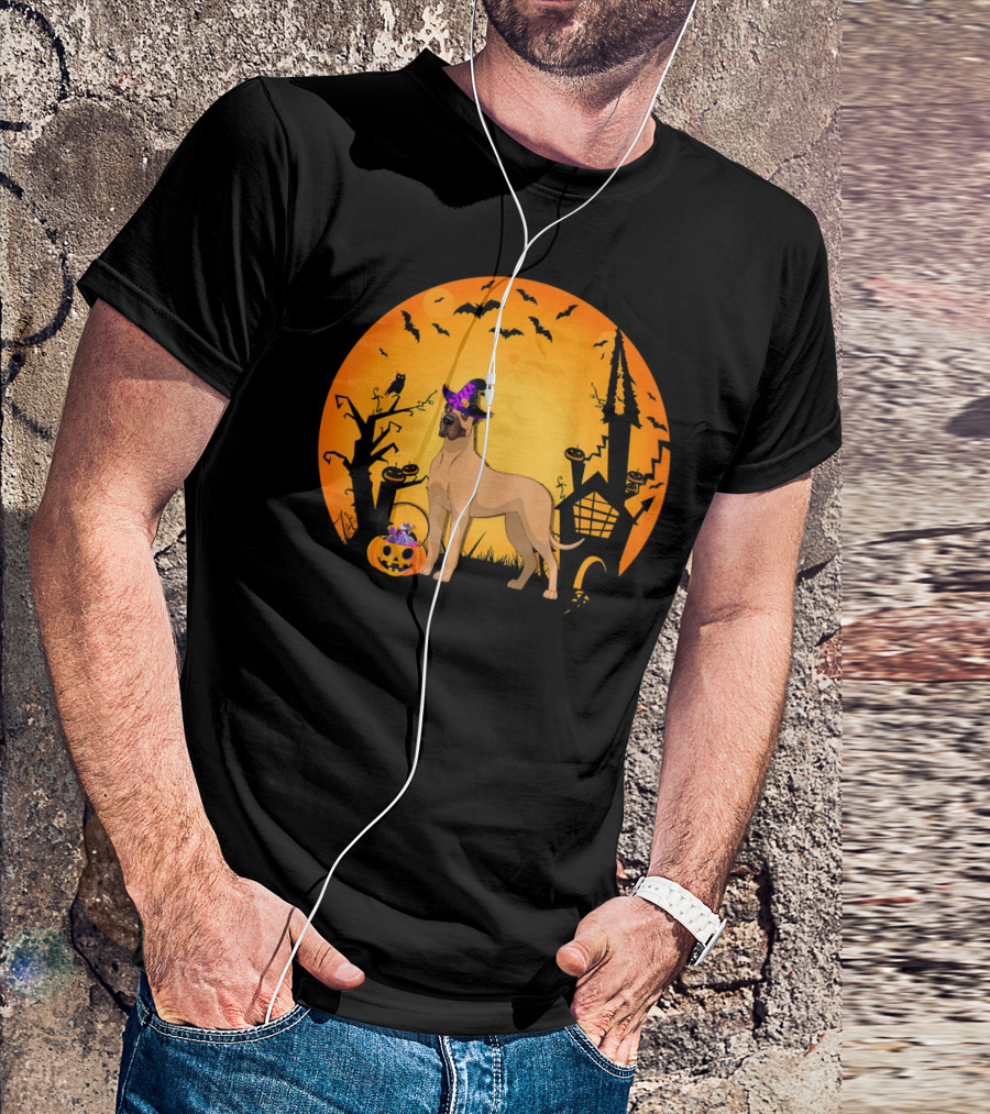 Halloween Great Dane Witch Hat Pumpkin Haunted House T-Shirt