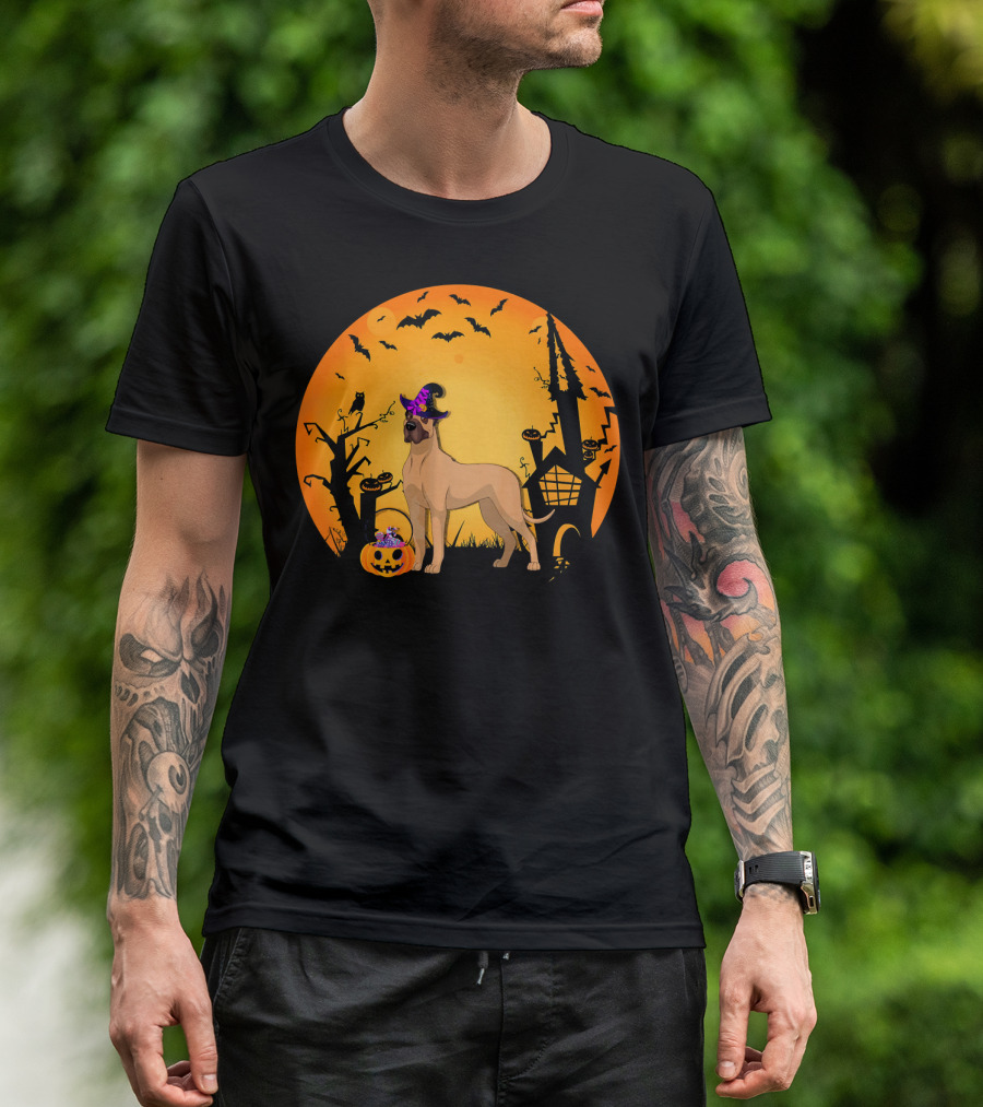Halloween Great Dane Witch Hat Pumpkin Haunted House T-Shirt