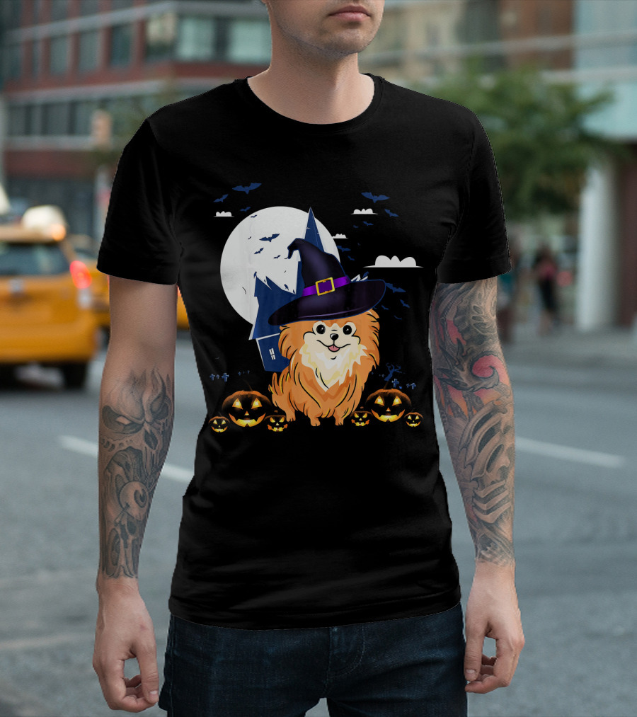 Happy Halloween Pomeranian Witch Full Moon and Jack-o'-Lanterns T-Shirt