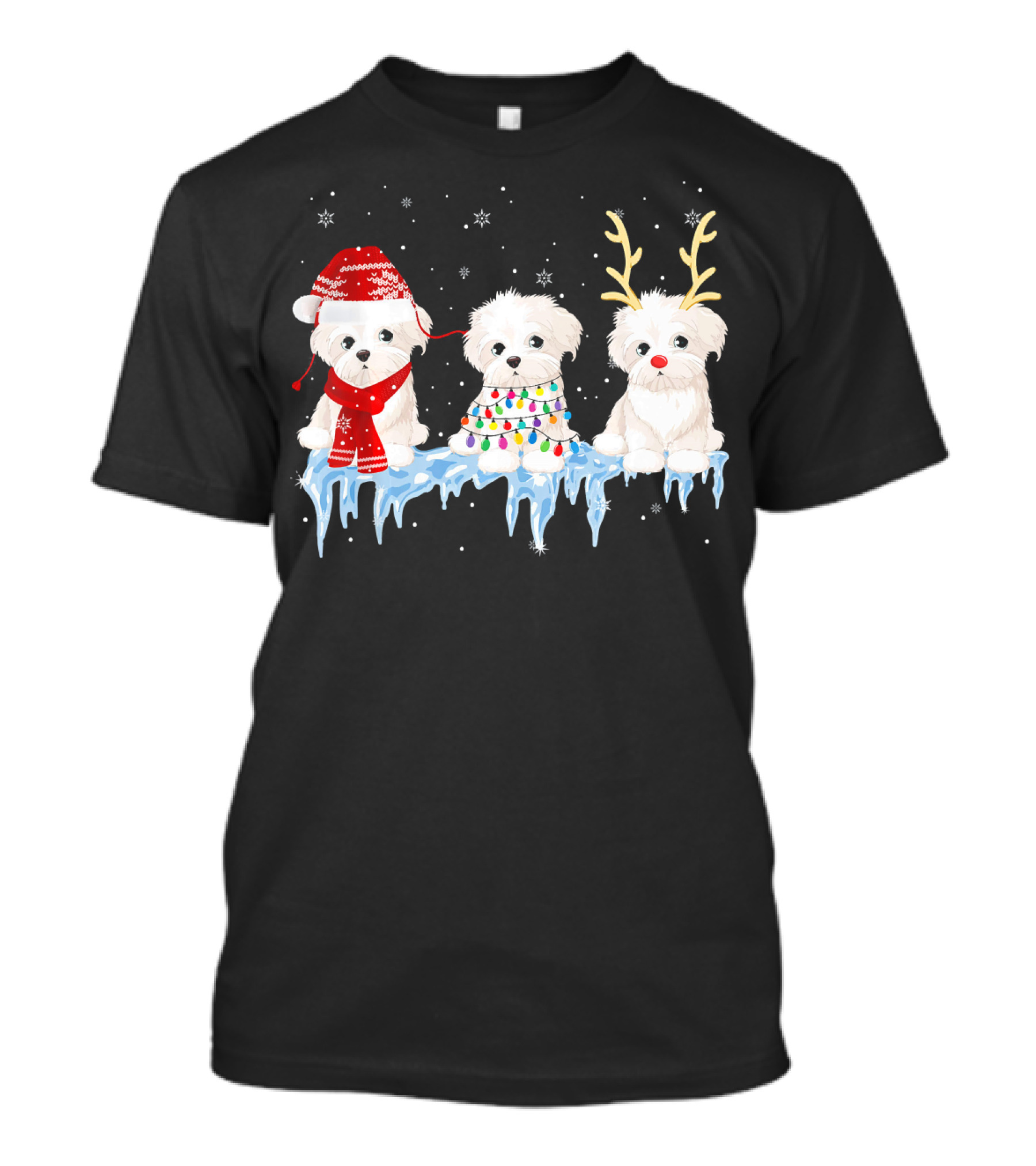 Maltese Dogs With Christmas Lights Reindeer Antlers And Santa Hat On Ice With Snowflakes T-Shirt