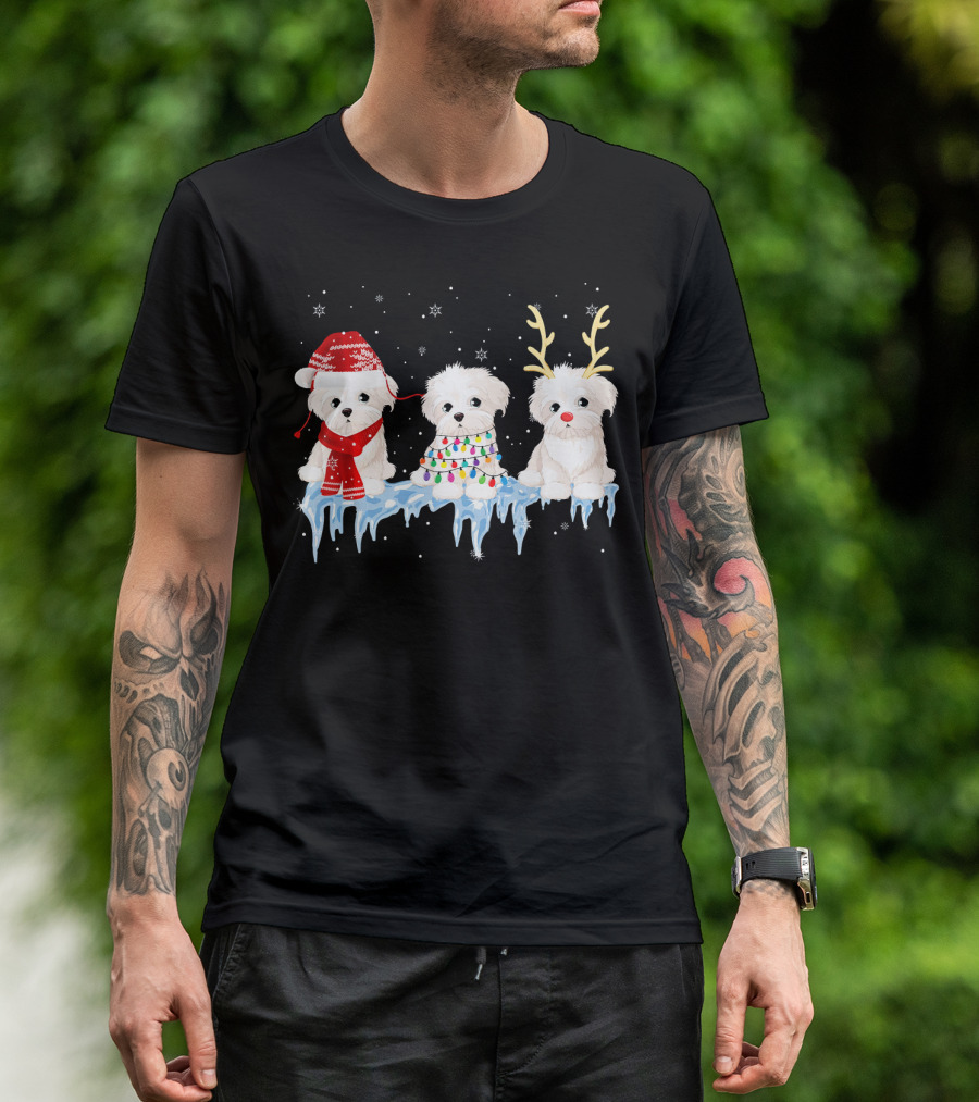 Maltese Dogs With Christmas Lights Reindeer Antlers And Santa Hat On Ice With Snowflakes T-Shirt