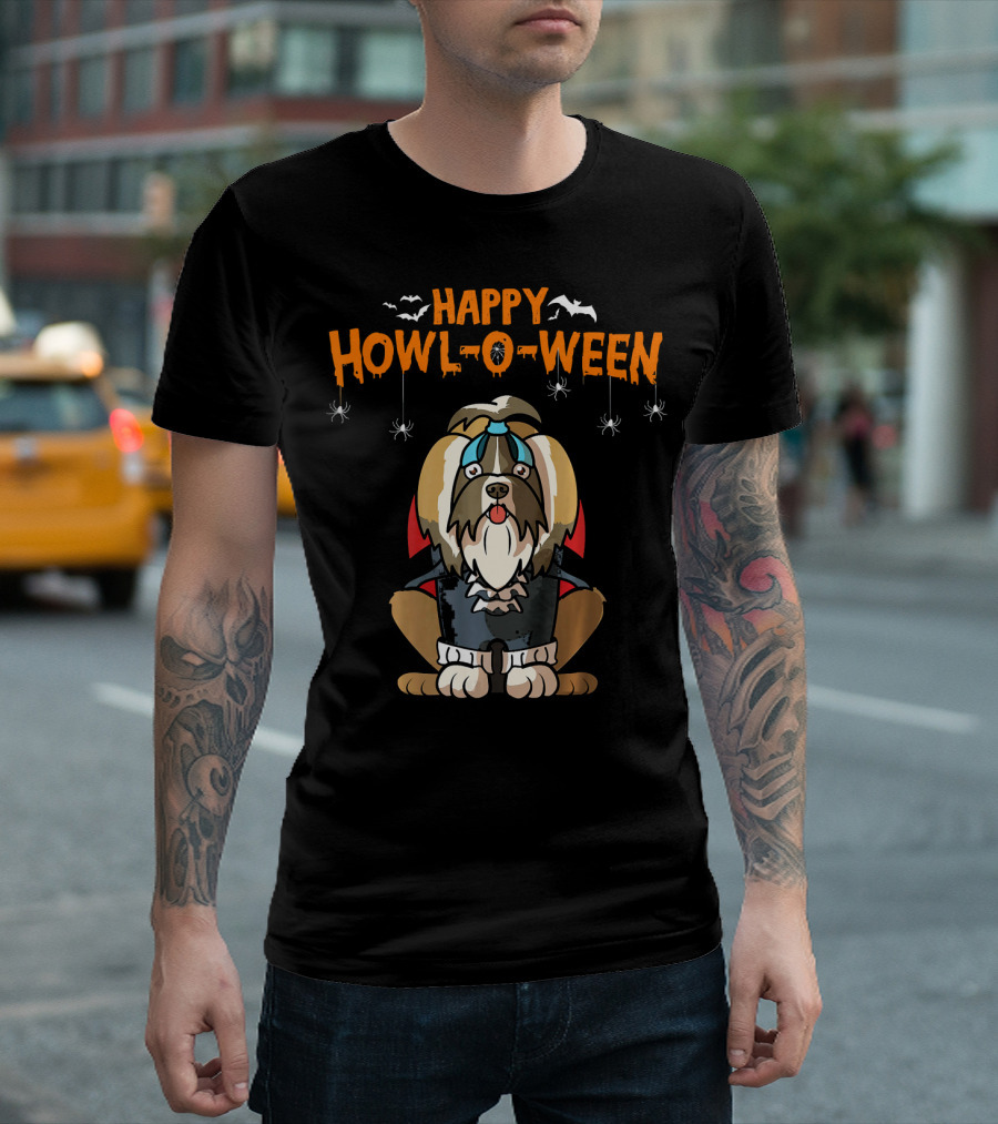 Happy Howl-O-Ween Shih Tzu Vampire Dog with Bats and Spiders T-Shirt