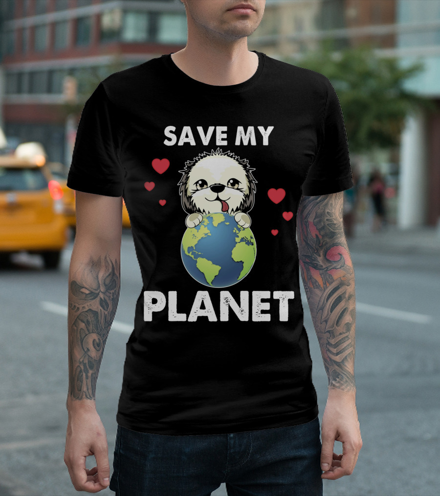 Save My Planet Shih Poo Dog Hearts Love Earth T-Shirt