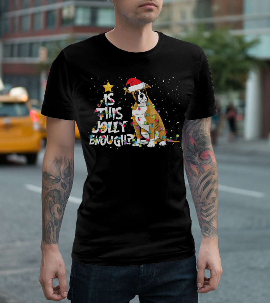 Is This Jolly Enough Christmas Boxer Dog Santa Hat Lights T-Shirt