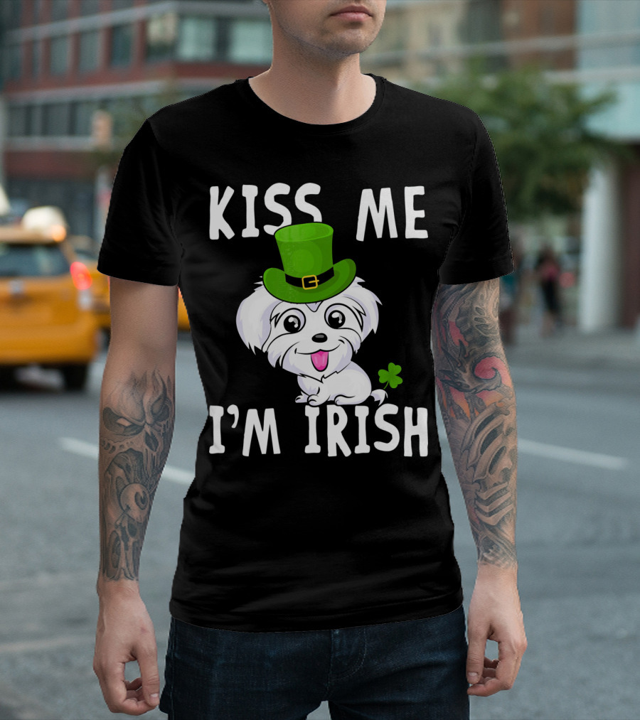 Kiss Me I'm Irish Maltese Dog Wearing Green Hat With Shamrock T-Shirt
