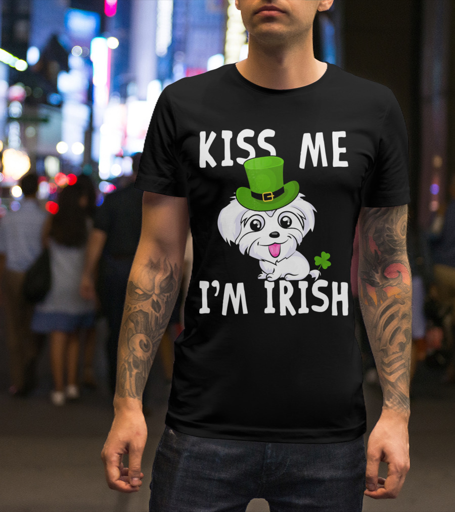 Kiss Me I'm Irish Maltese Dog Wearing Green Hat With Shamrock T-Shirt