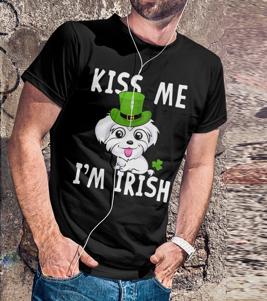 Kiss Me I'm Irish Maltese Dog Wearing Green Hat With Shamrock T-Shirt