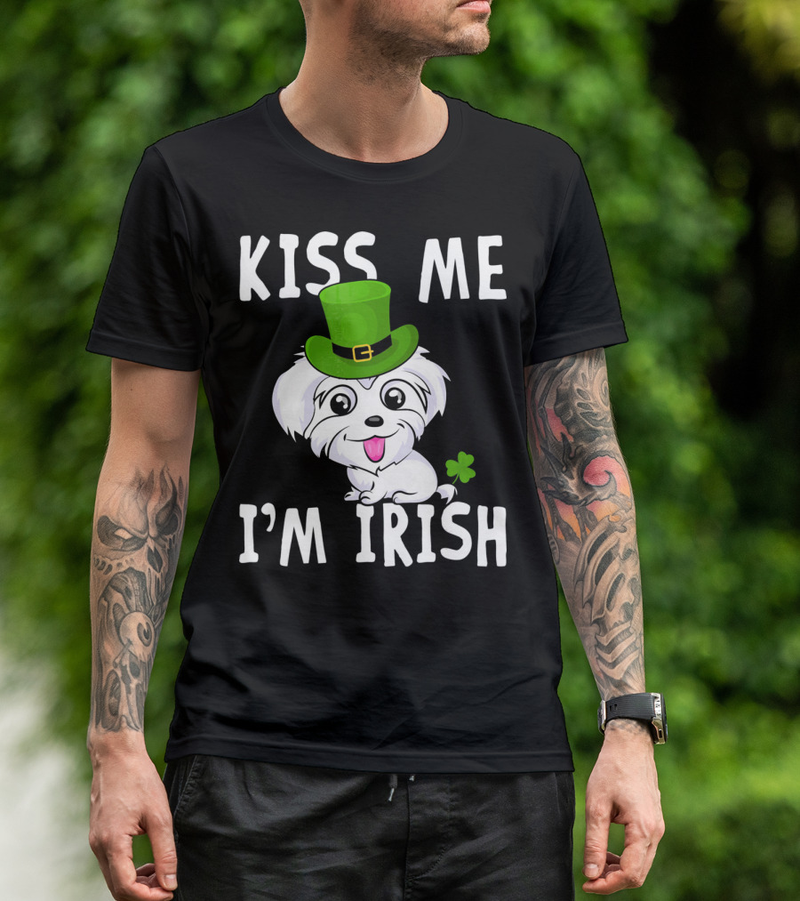Kiss Me I'm Irish Maltese Dog Wearing Green Hat With Shamrock T-Shirt