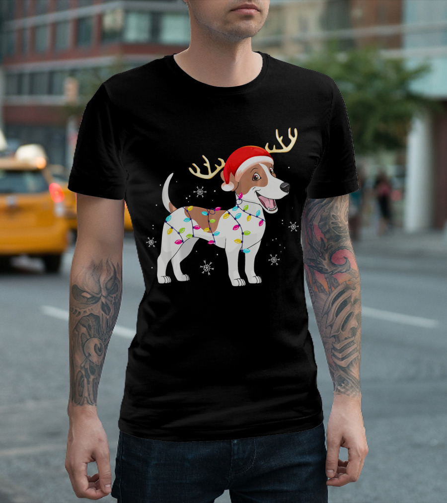 Jack Russell Terrier Reindeer Antlers Santa Hat Christmas Lights T-Shirt