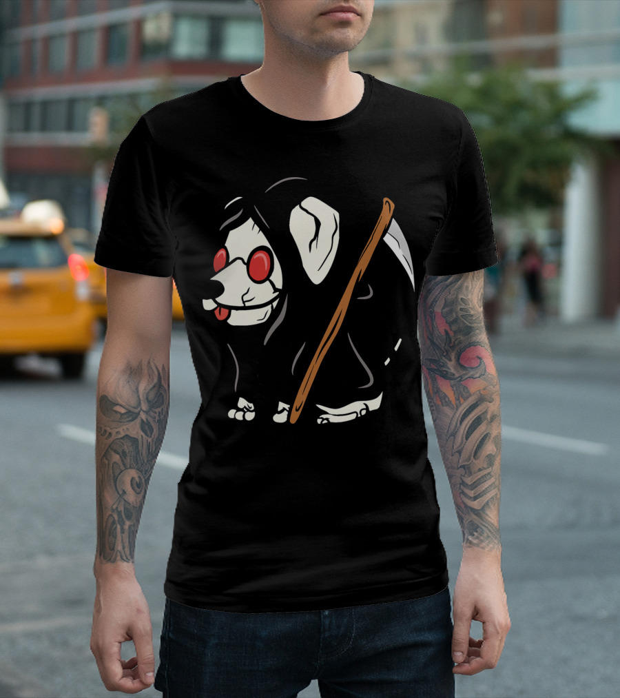 Jack Russell Terrier Grim Reaper with Red Glasses and Scythe T-Shirt