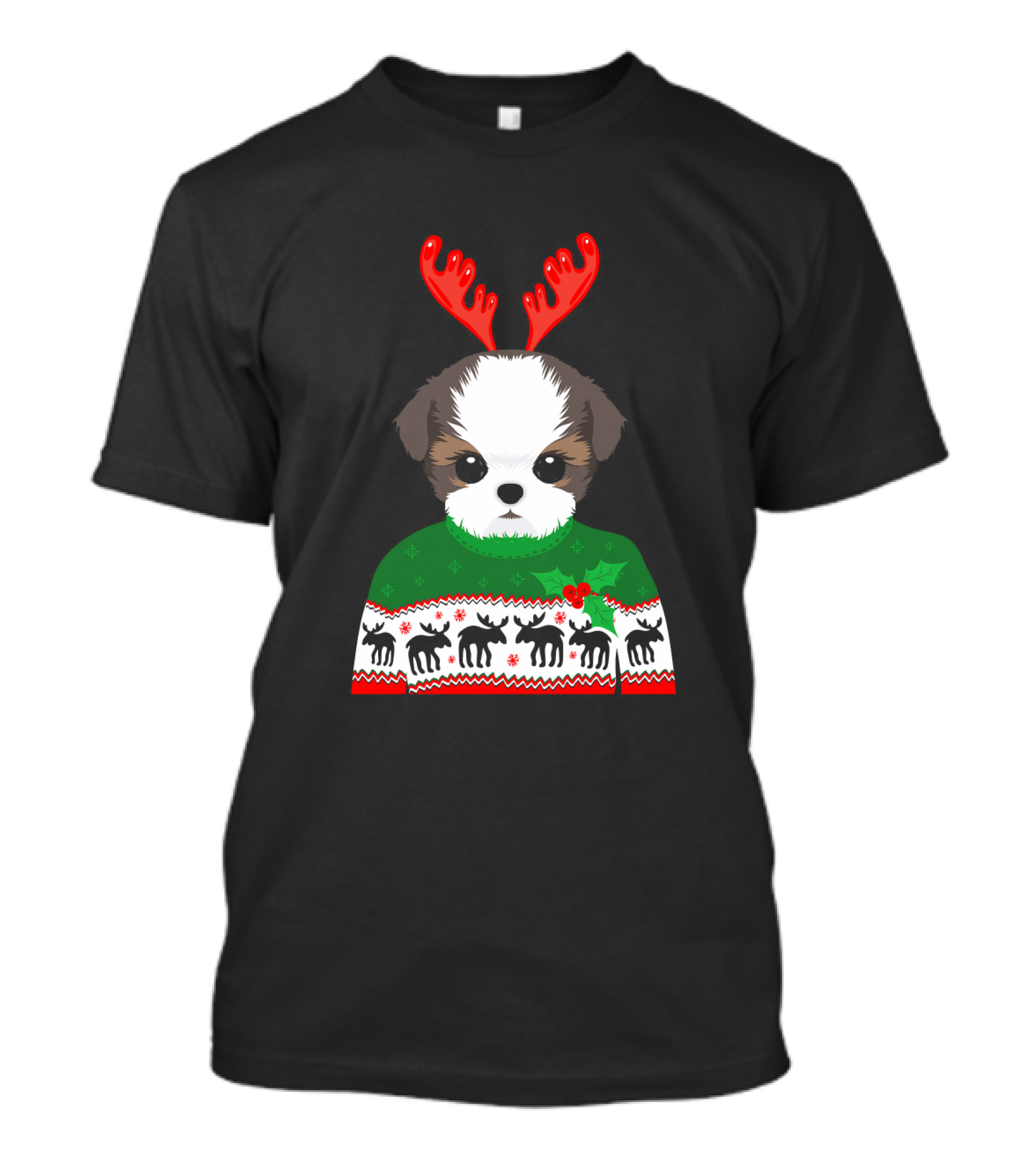 Long Sleeve Shih Tzu Dog Christmas Holiday Reindeer Antlers Ugly T-Shirt