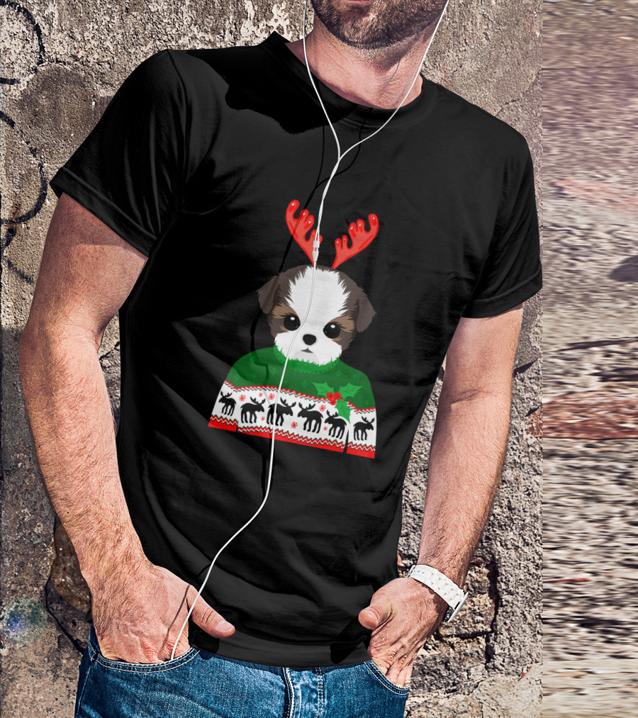Long Sleeve Shih Tzu Dog Christmas Holiday Reindeer Antlers Ugly T-Shirt
