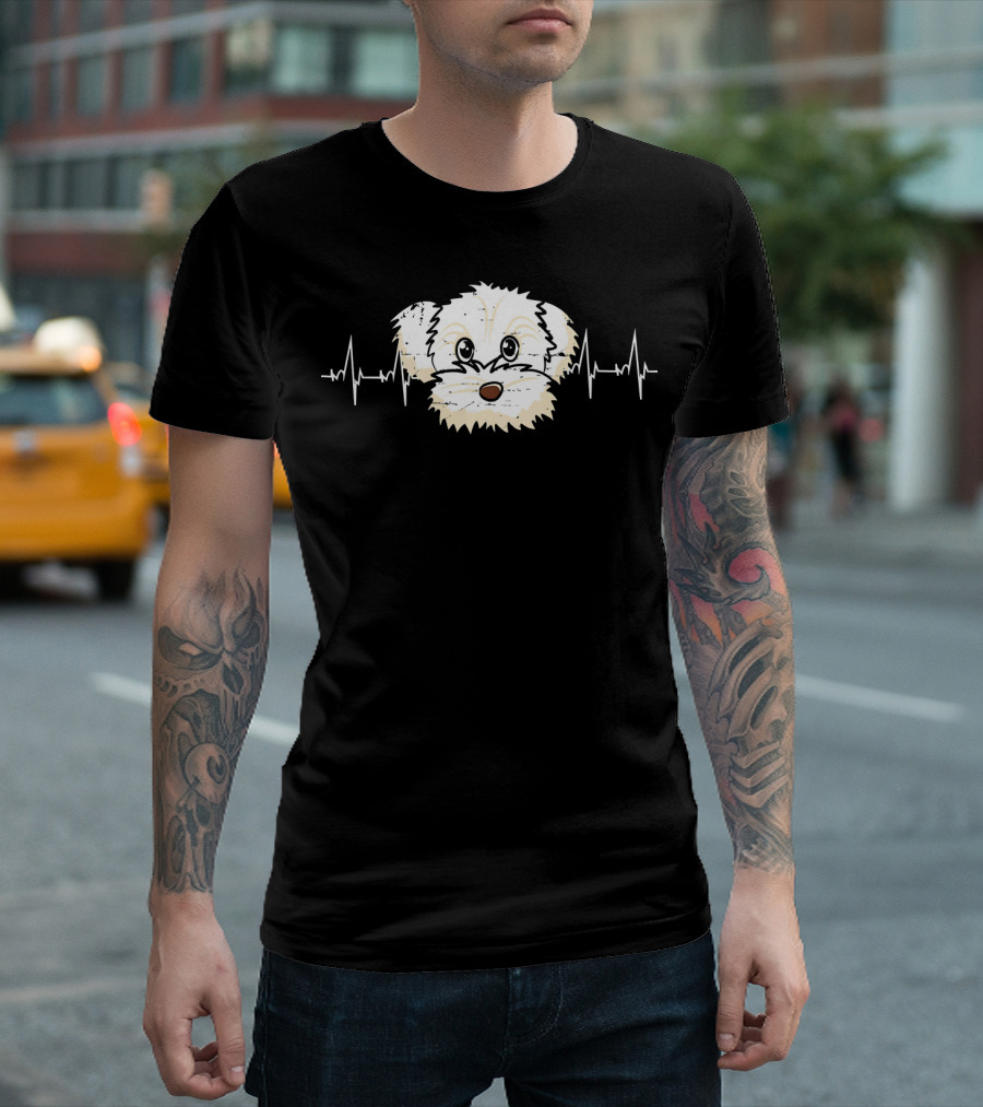 Maltese Heartbeat Pulse Dog Face With Heartbeat Lines T-Shirt