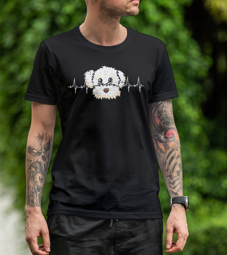 Maltese Heartbeat Pulse Dog Face With Heartbeat Lines T-Shirt
