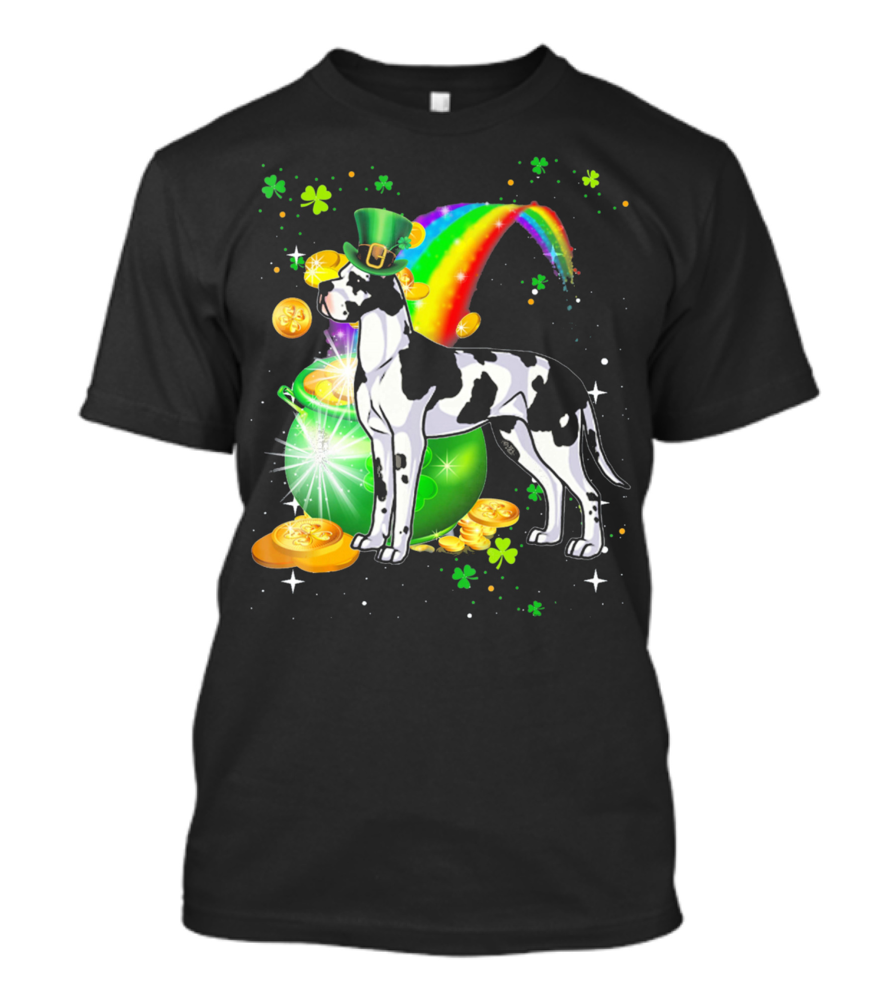 St Patricks Day Great Dane With Leprechaun Hat Rainbow And Pot Of Gold T-Shirt