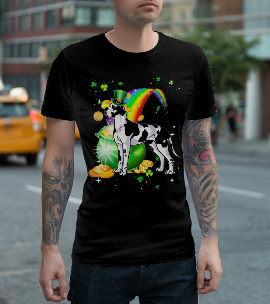 St Patricks Day Great Dane With Leprechaun Hat Rainbow And Pot Of Gold T-Shirt