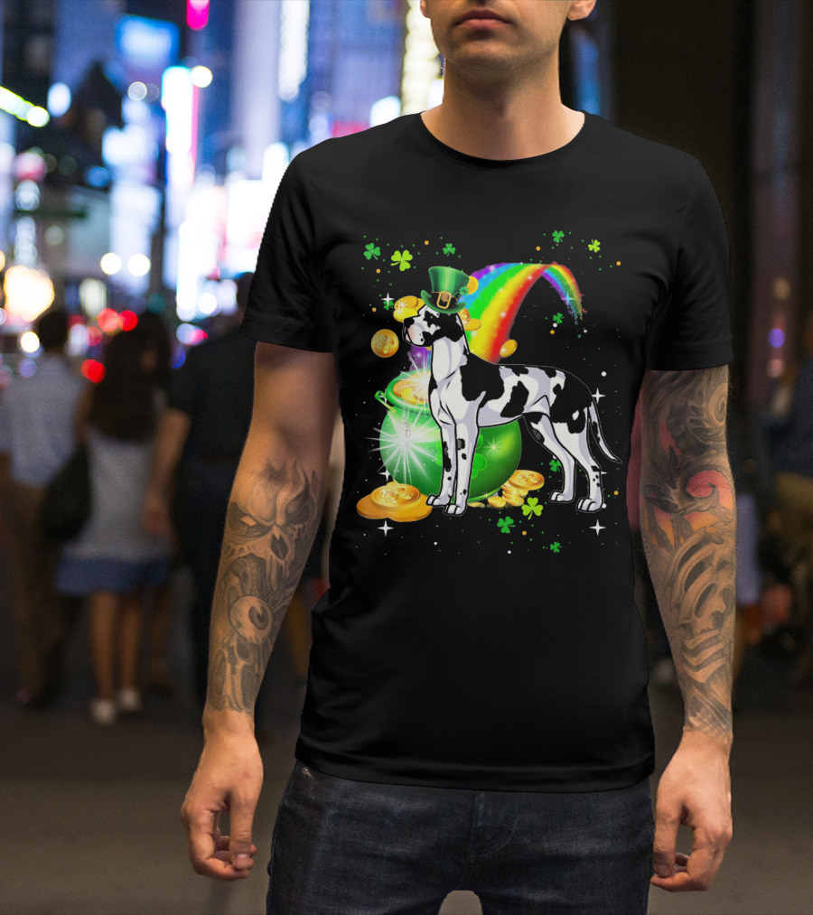St Patricks Day Great Dane With Leprechaun Hat Rainbow And Pot Of Gold T-Shirt