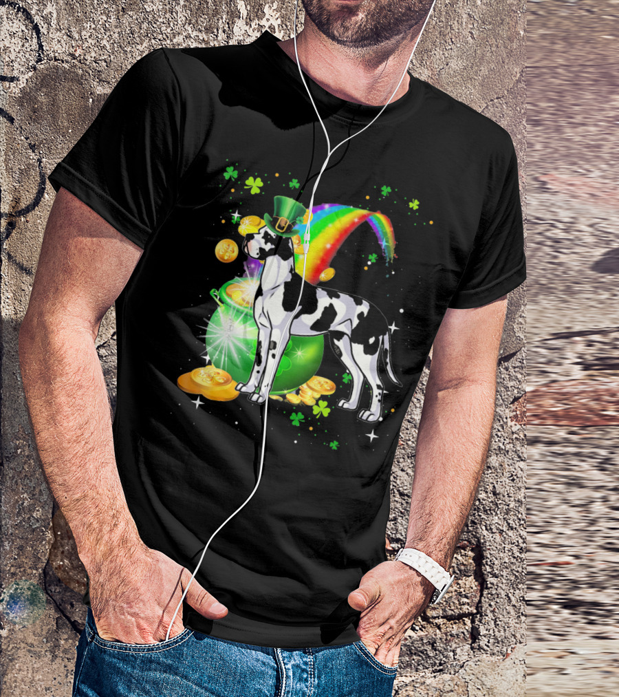 St Patricks Day Great Dane With Leprechaun Hat Rainbow And Pot Of Gold T-Shirt