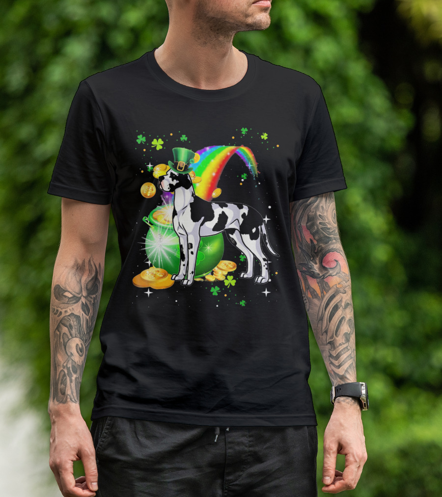 St Patricks Day Great Dane With Leprechaun Hat Rainbow And Pot Of Gold T-Shirt