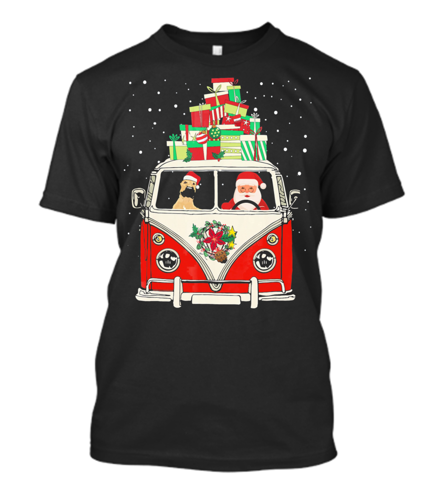 Santa And Great Dane Driving Red Camper With Christmas Gifts T-Shirt