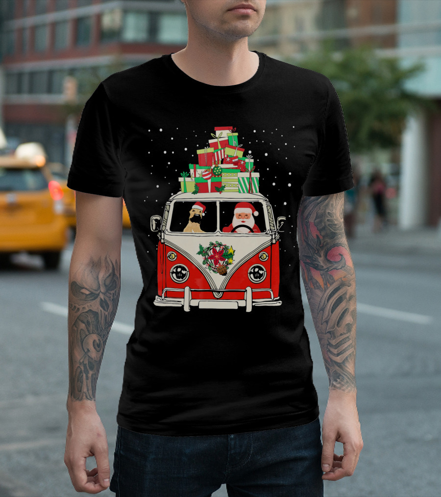 Santa And Great Dane Driving Red Camper With Christmas Gifts T-Shirt