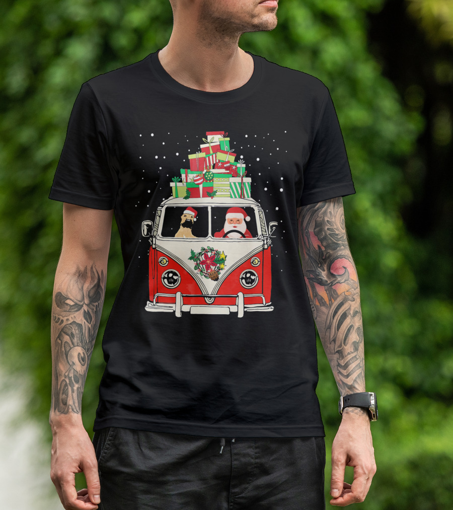 Santa And Great Dane Driving Red Camper With Christmas Gifts T-Shirt
