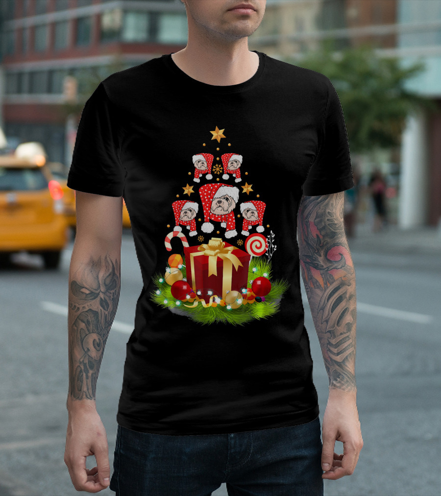 Santa Shih Tzu Christmas Tree with Gifts and Candy Cane T-Shirt