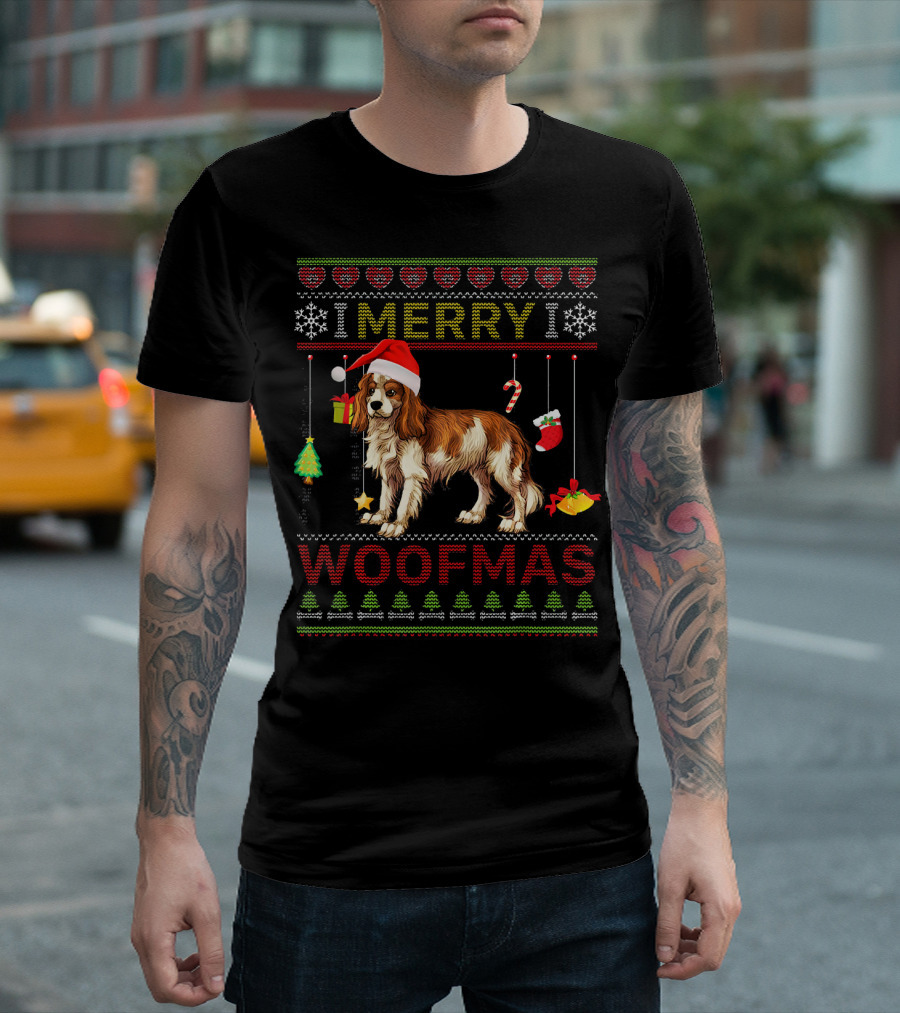 Merry Woofmas Cavalier King Charles Spaniel Christmas Santa Hat Ornaments Snowflakes Trees T-Shirt