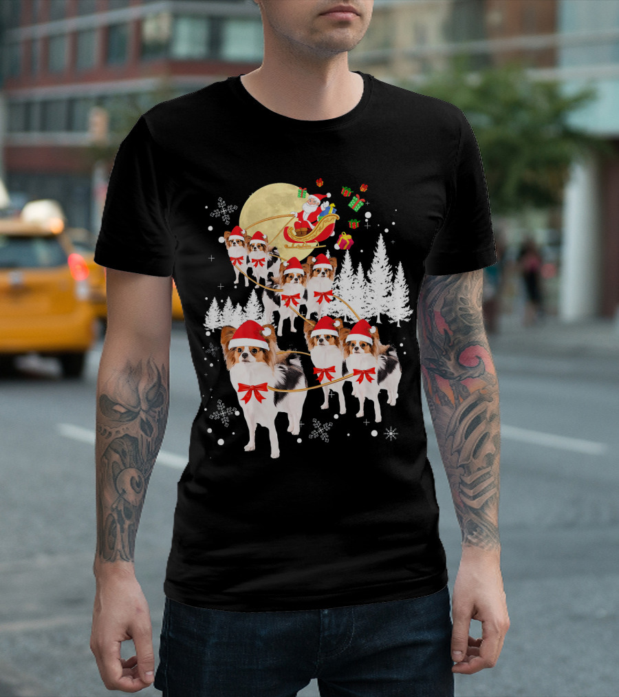 Papillon Dogs Santa Reindeer Christmas Moon Snowflakes Trees T-Shirt